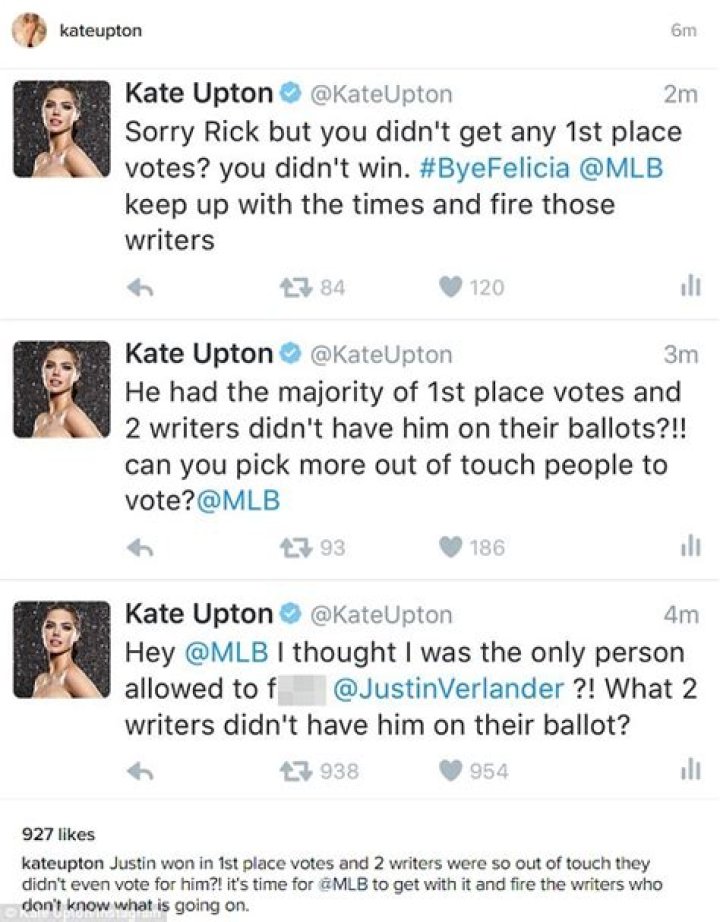 Kate Upton rages on Twitter after her fiancé loses the Cy Young Award